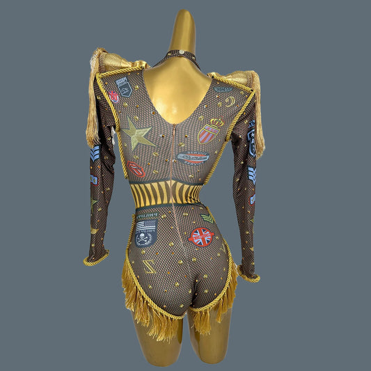 Women Nightclub Stage Performance Sexy Tassel Bodysuit Party Dance Wear Pattern Printing Spandex Elastic Bodycon Leotard