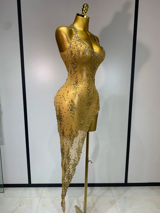 Sparkly Crystal Diamond Gold Sexy See-Through Sheath Dress Nightclub Performance Custome Stage Wear Birthday Evening Party Dress