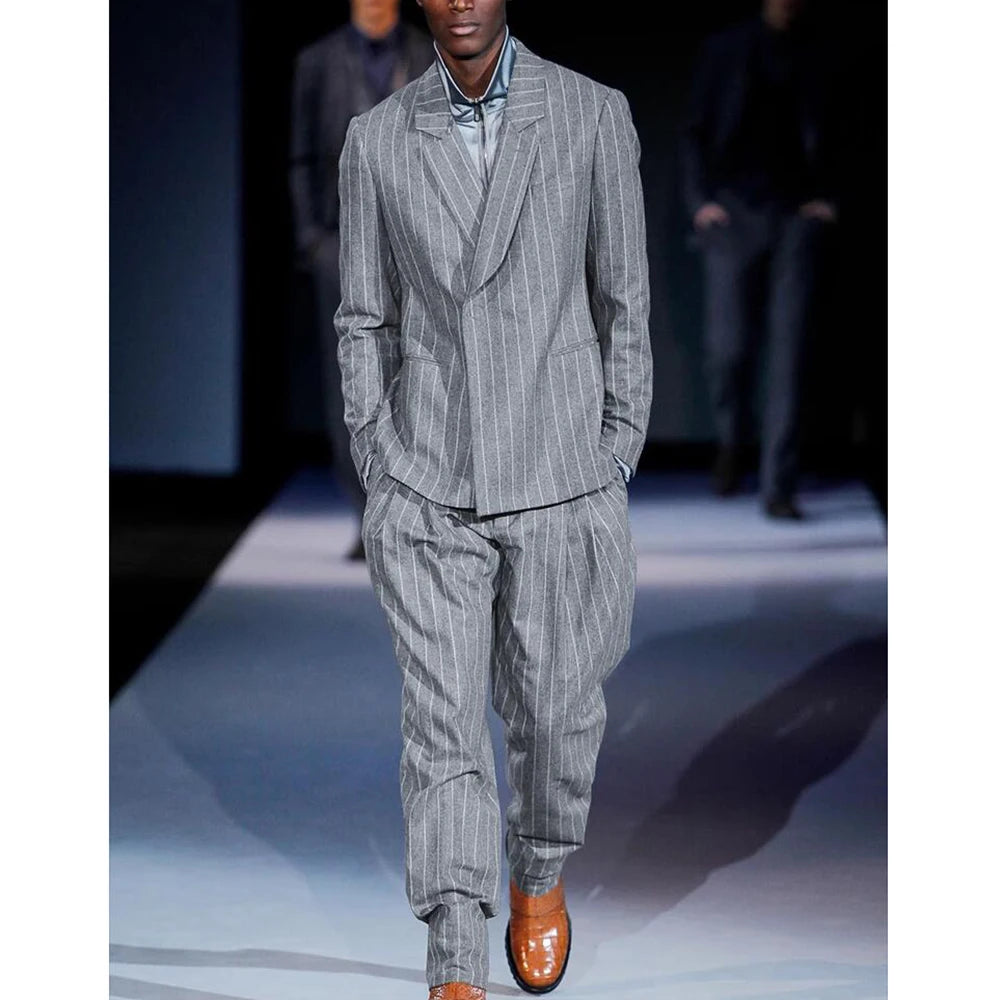 Light Gray Men's Suits Tailored 2 Pieces Blazer Pants Peaked Lapel One Button Wedding Pinstripes Work Wear Custom Made Plus Size