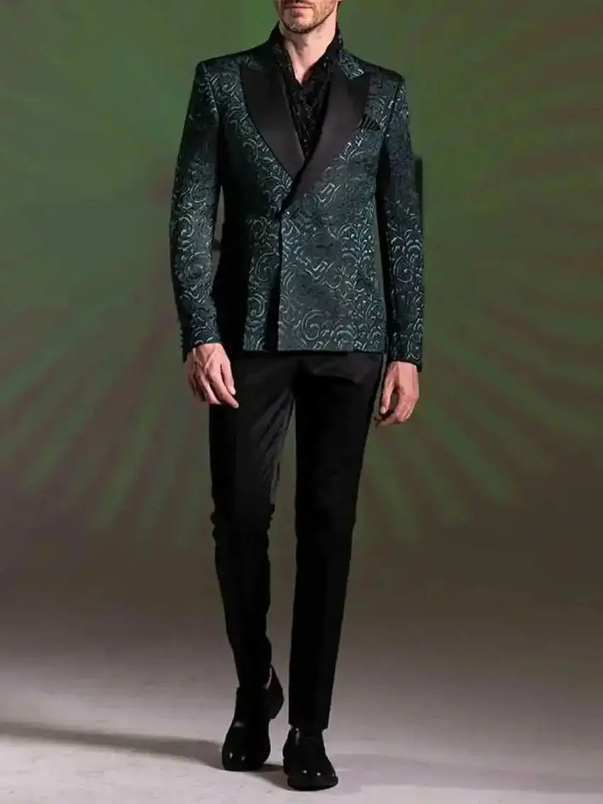 Elegant Jacquard Men's Suits 2 Pieces Blazer Pants Peaked Velvet Lapel One Button Wedding Slim Fit Custom Made Plus Size