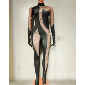 Sexy Stage Sparkly Rhinestones Jumpsuit Luxury Women One Piece Sheer Spandex Dance Drag Queen Costume Nightclub Stage Wear
