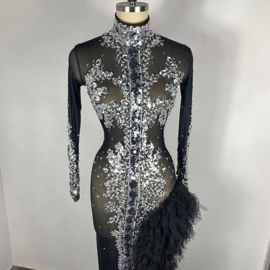 Fashion Tulle Glittering Sequin Club Dress Split Tassel Tulle Evening Dress Party Stage Performance Birthday Party Celebration