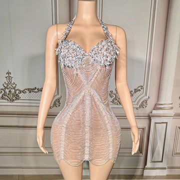 Robe courte transparente en maille sexy avec strass scintillants et diamants pour femme, tenue de soirée, de bal, d'anniversaire 
