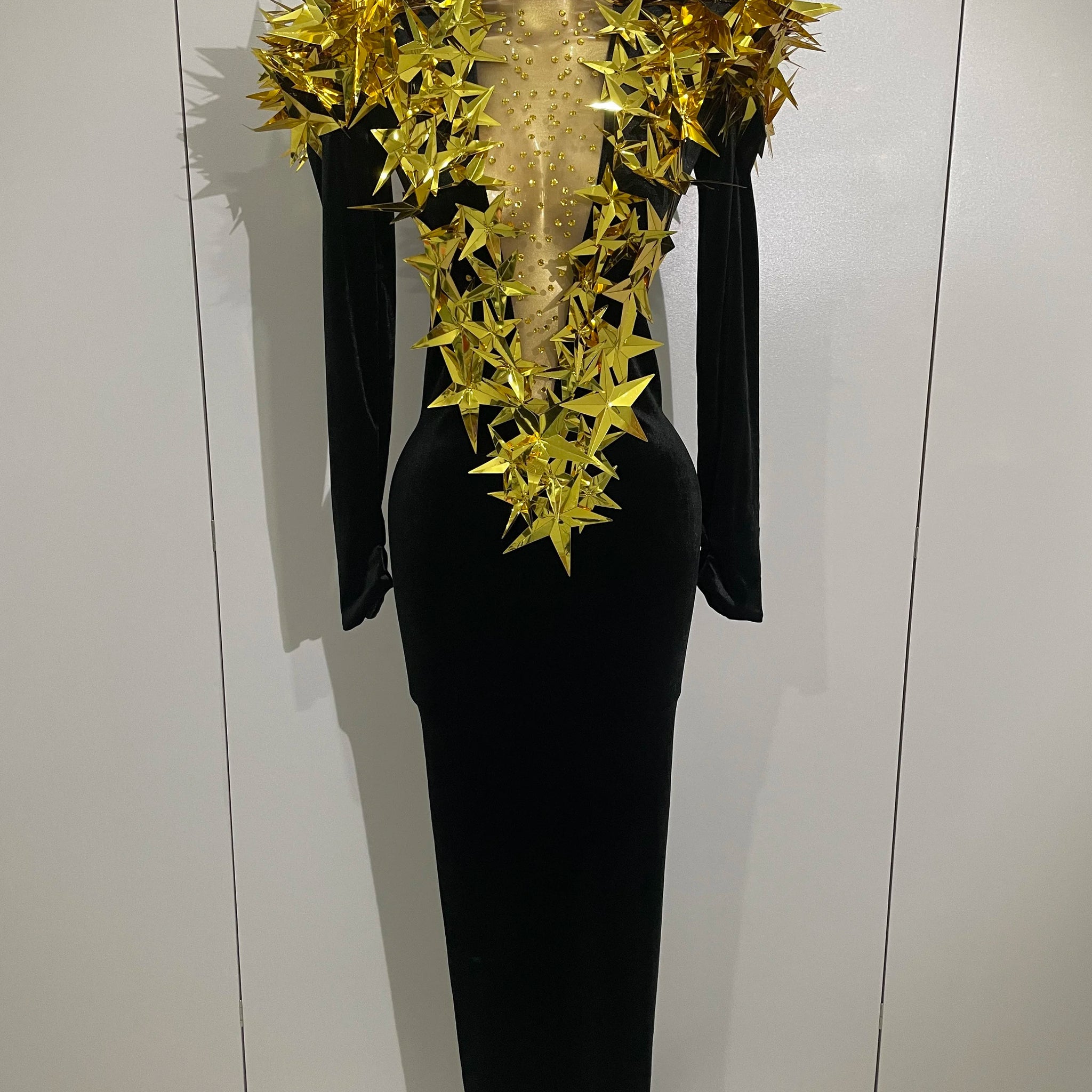 New Shiny Gold Star Rhinestone Velvet Long Dress Women Evening Birthday Party Club Gala Hosts NightClub Bar Stage Costumes