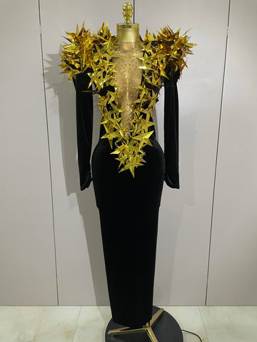 New Shiny Gold Star Rhinestone Velvet Long Dress Women Evening Birthday Party Club Gala Hosts NightClub Bar Stage Costumes