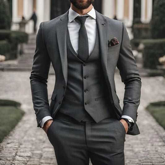 Dark Grey Elegant Men's 3 Piece Suits Jacket Pants Vest Full Sets Single Breasted Notch Lapel Regular Length Blazer Full Sets