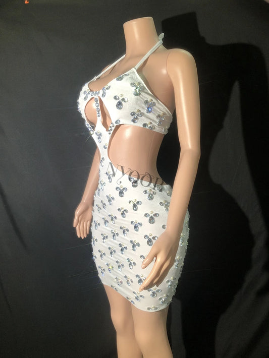 Sparkly Rhinestones Pearls White Short Dress Women Sexy Halter Backless Evening Celebrate Birthday Dress Club Outfit Stage Wear
