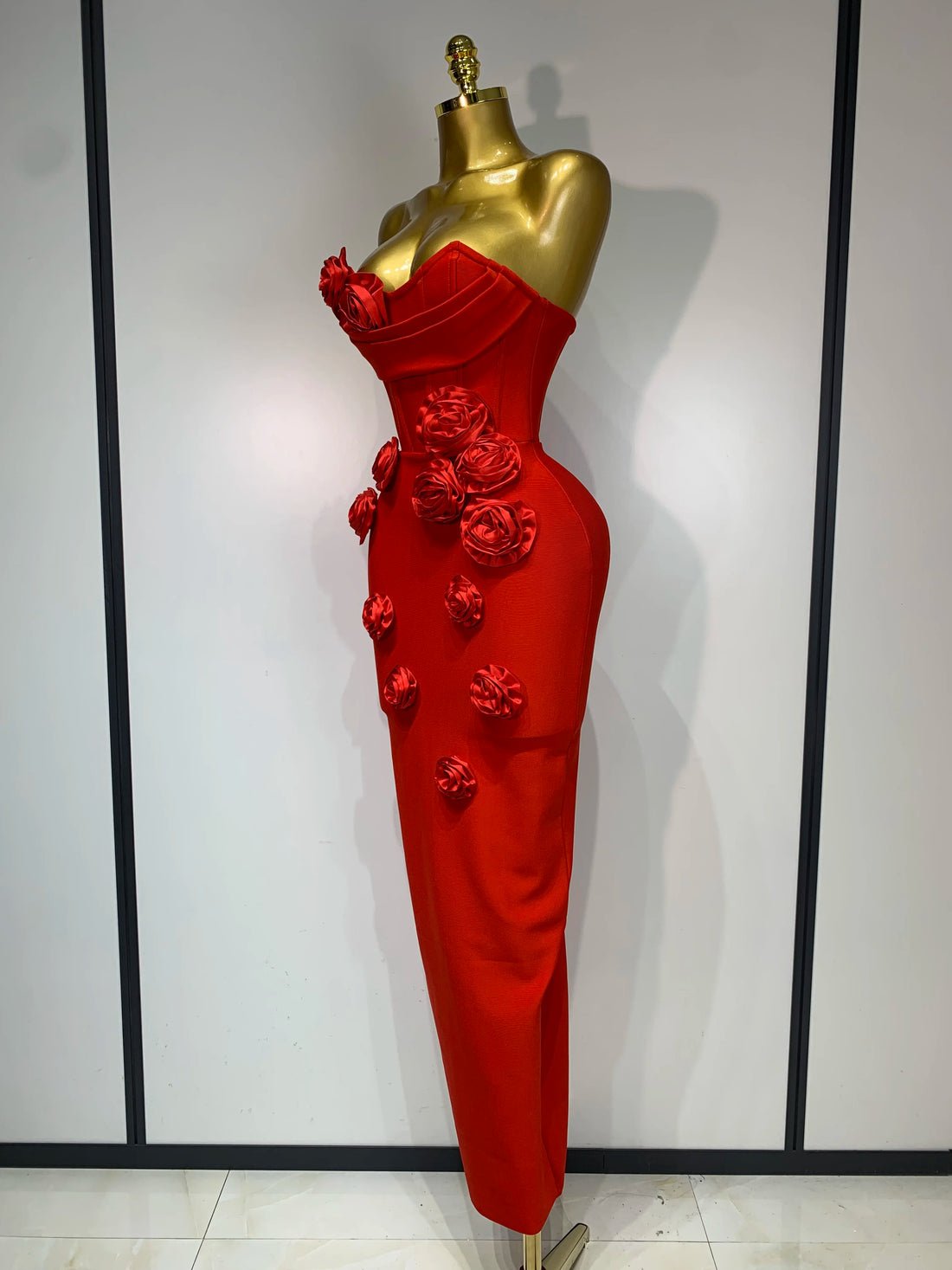 Women Sexy Strapless Backless Red Flower Midi Bandage Dress Celebirty Elegant Evening Club Party Birthday Dresses