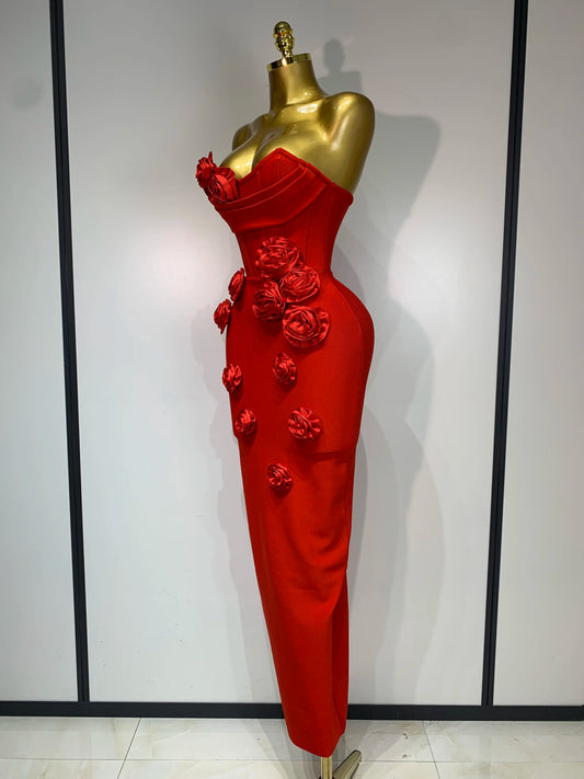 Women Sexy Strapless Backless Red Flower Midi Bandage Dress Celebirty Elegant Evening Club Party Birthday Dresses