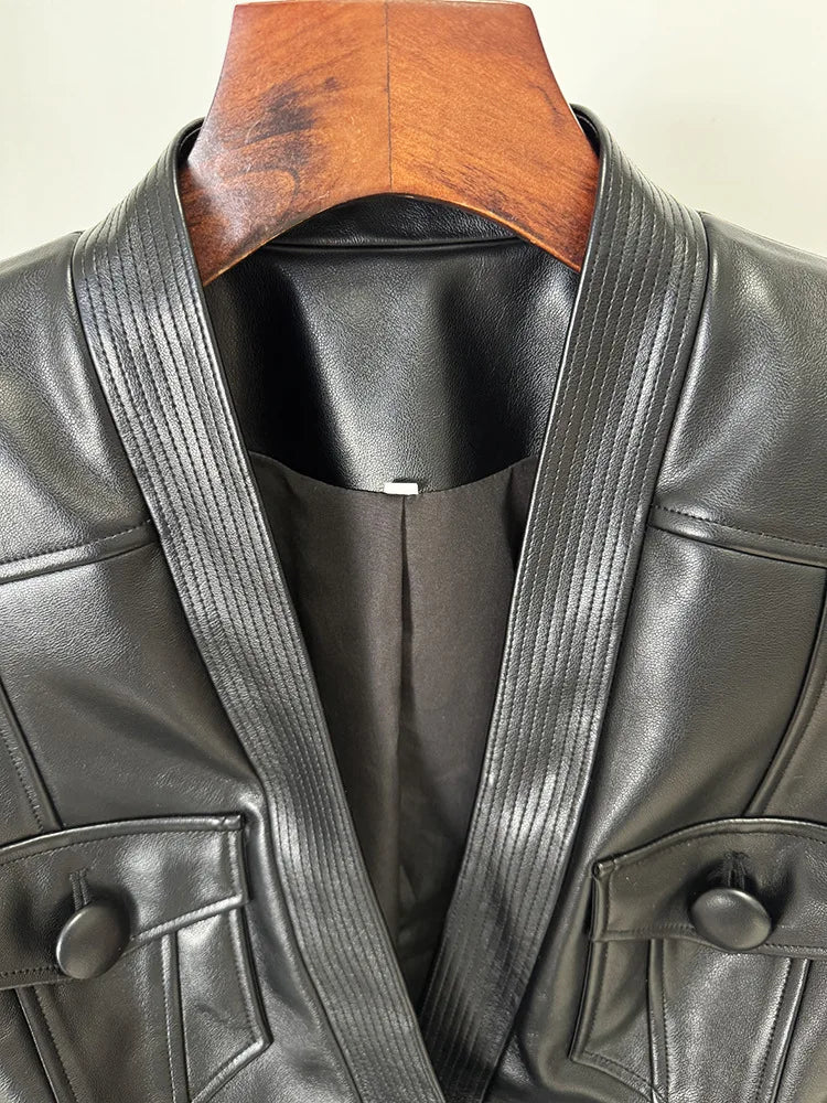 Designer Jacket Women's Belt Slim Fitting Leather Button Pocket Decoration Artificial Leather Blazer