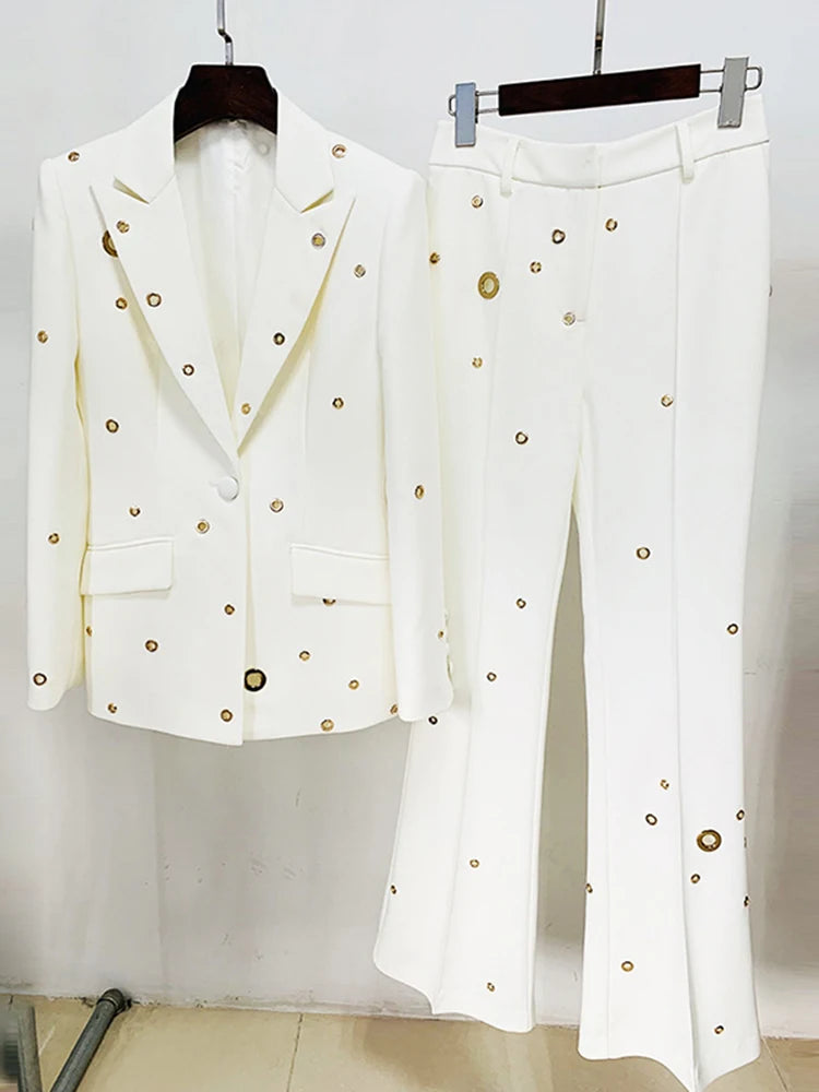 Runway Pantsuits for Women Designer Fashion White Suit Set Wedding Single Button Rivet Eyelet Lapel Blazer Pants Set 2pcs
