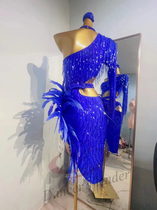 Latin Dance Professional Dress, High-end Customized Off Shoulder Feather Skirt Hem, Female Adult Stage Professional Clothing