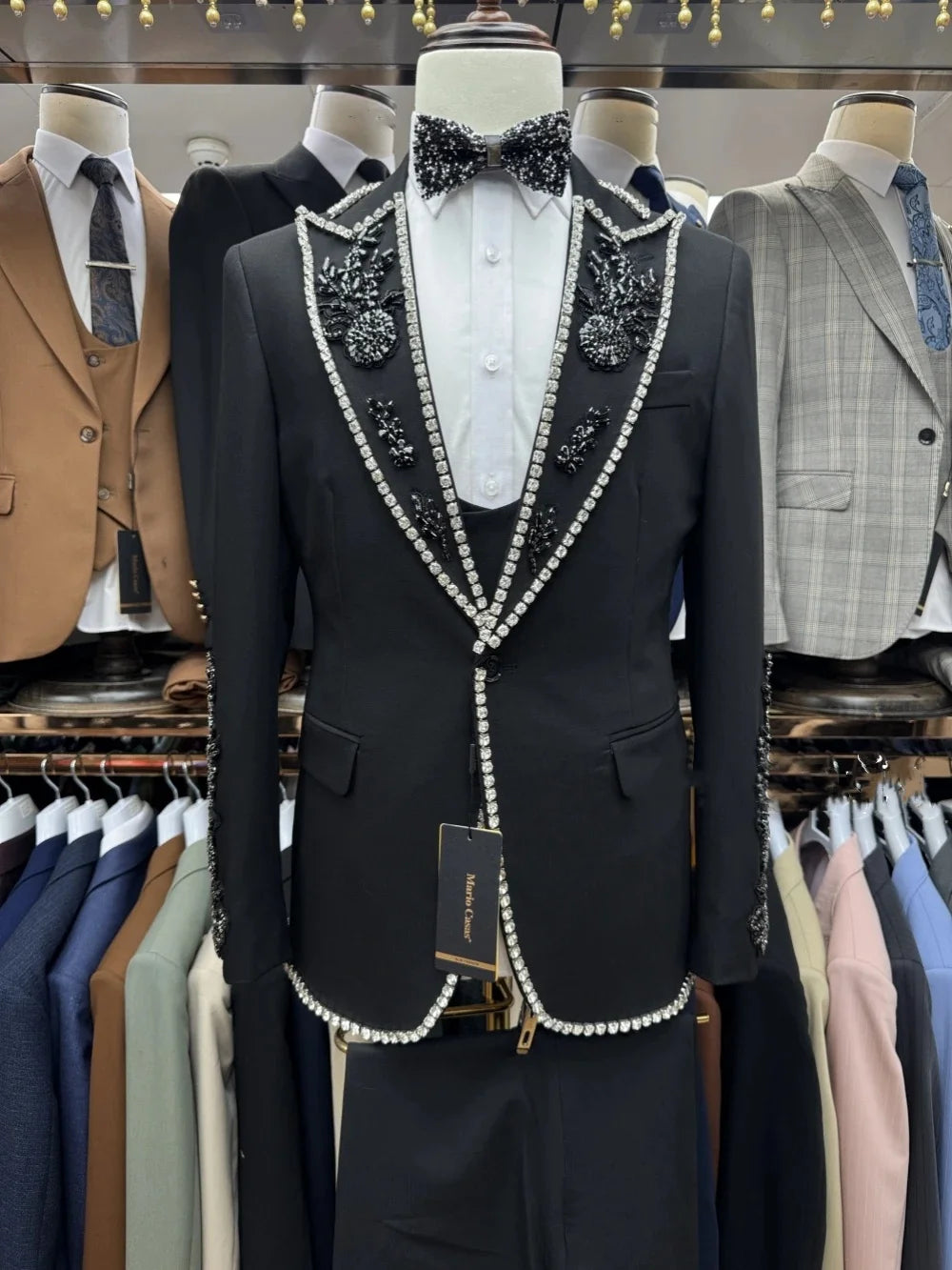Stylish Men Suits Rhinestone Tailor-Made 2 Pieces Set Beaded Peaked Lapel Jacket Blazer One-Button Groom Customized Coat Pants