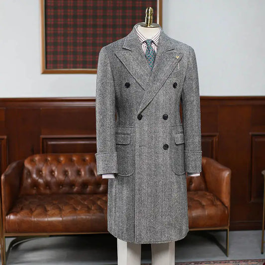 Classic Men Long Coat  Wool Blends Peaked Lapel Trench Coats Double Breasted Warm Jacket Plus Size Business Blazers Customized