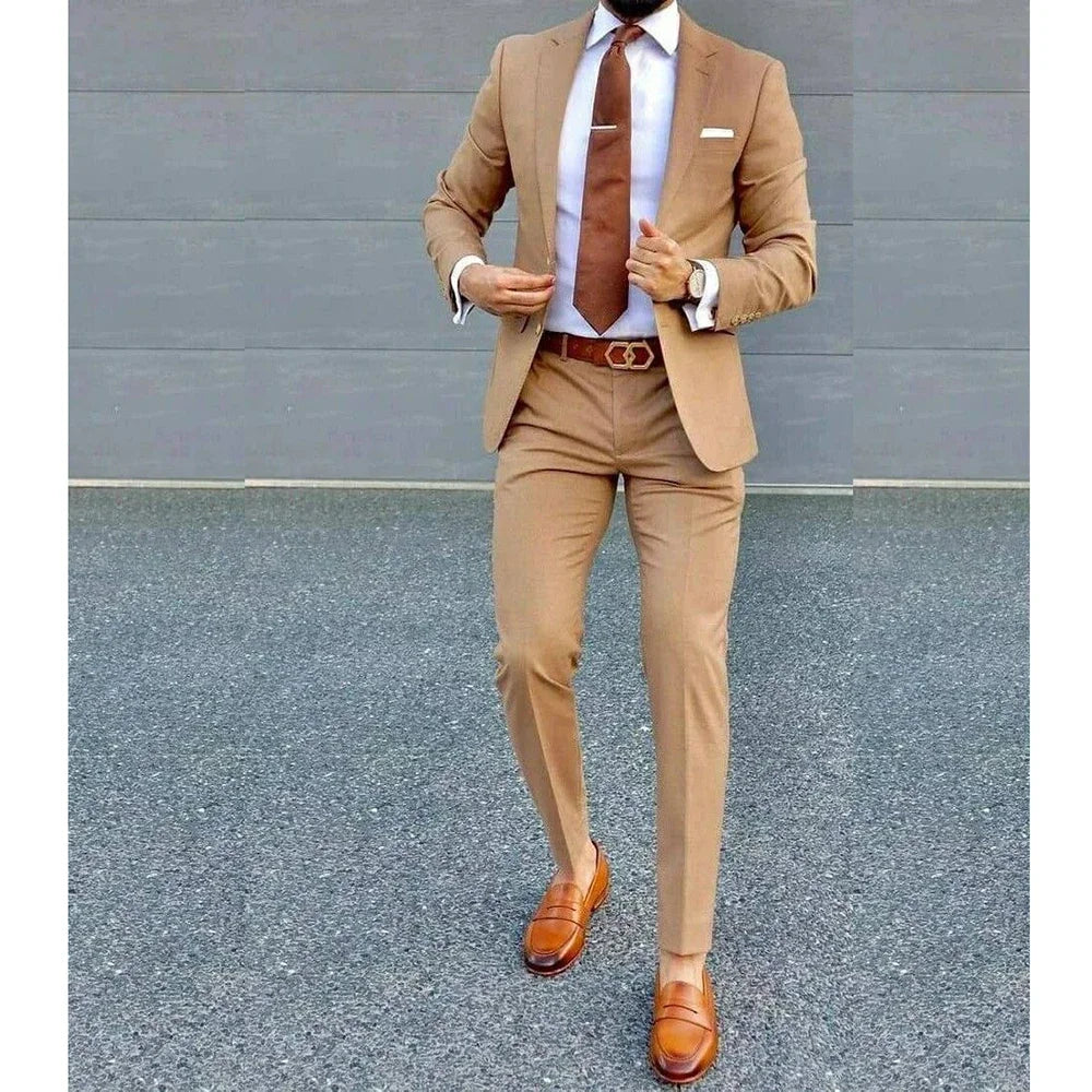 Trajes casuales de corte entallado para hombre, 2 piezas, botonadura sencilla, color caqui, largo regular, conjunto completo, chaqueta formal de oficina para negocios