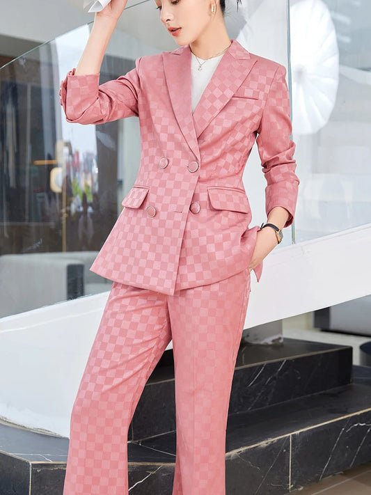 Fashion Ladies Formal Pant Suit Women Purple Pink Black Plaid Jacket and Trouser Female Business Work Wear 2 Piece Blazer Set