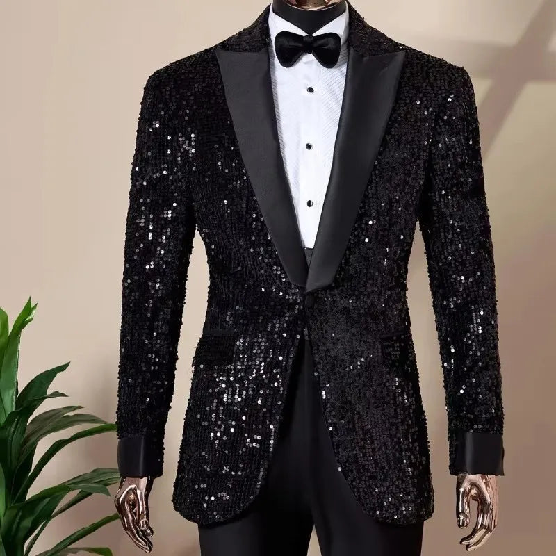 Shiny Sequins Men's Wedding Suits Slim Fit 2 Pieces Customized Groom Tuxedos Peaked Lapel Groomsmen Prom Blazers