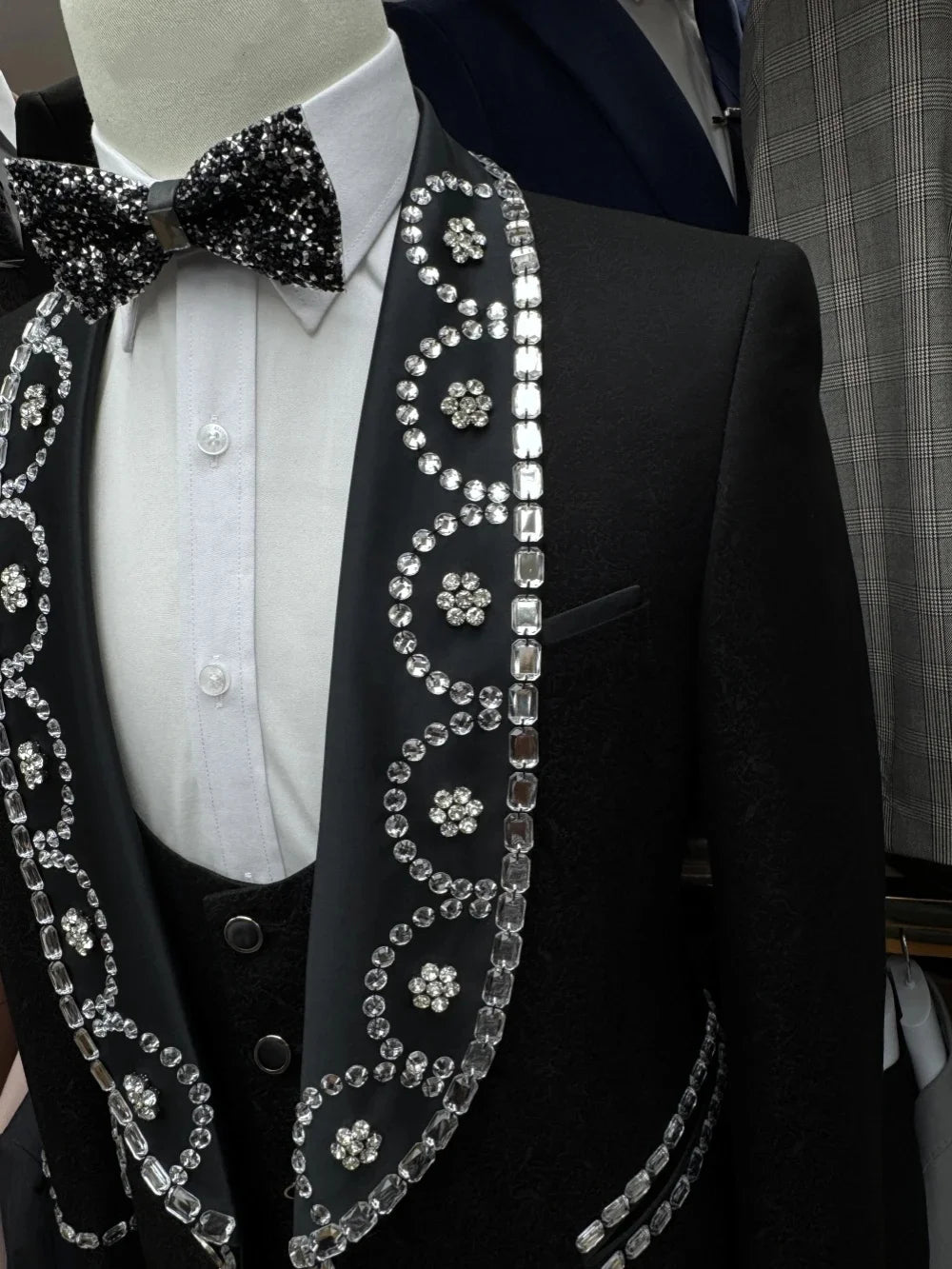 Retro Men Suits Shawl Lapel Tailor-Made 2 Pieces Jacquard Crystal Jacket Blazer One Button Groom Evening Customized Coat Pants