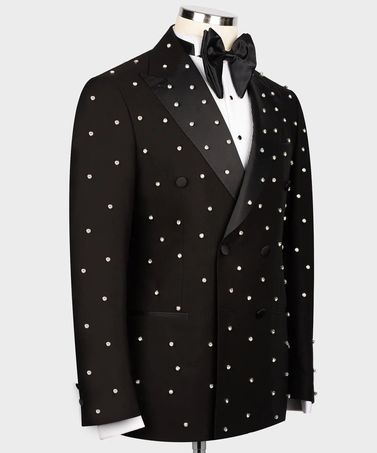 Luxury Black Solid Suits Men For Wedding Sparkly Gemstone Beading Blazer Customized Double Breasted Jacket Pants 2 Piece Tuxedos