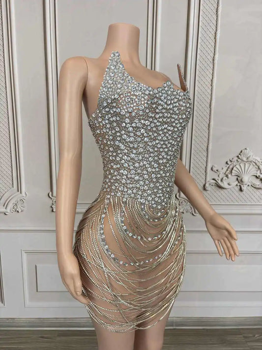 Robe courte à strass scintillants pour femme, tenue sexy en maille transparente pour soirée, bal, anniversaire, séance photo 