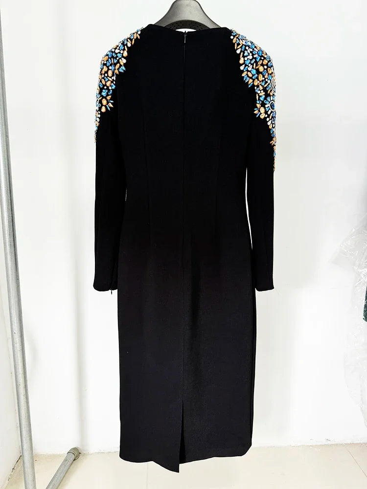 Designer Fashion Women's Long Sleeve Rhinestone Diamonds Beaded Midi Dress