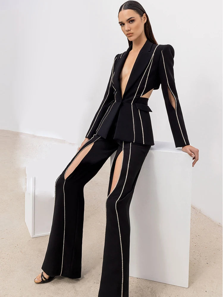 Suit Set Women's Single Button Hollow Out Diamonds Beaded Lapel Blazer Flare Pants Set