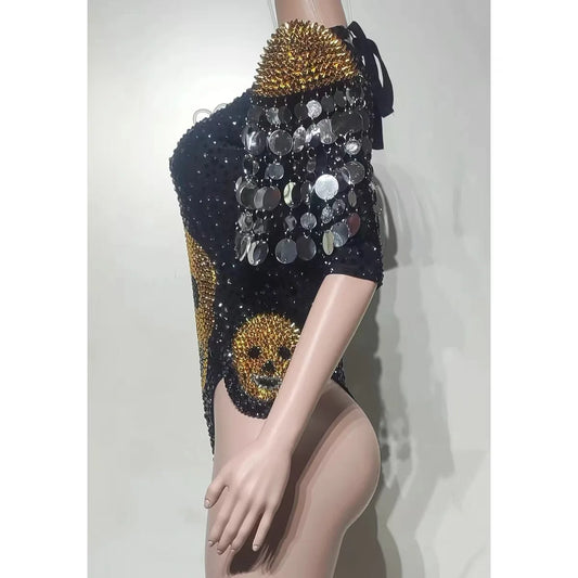 Gothic Glam Skull - Embellished Bodysuit - Sparkly Rhinestones and Spiked Shoulders, Ideal for Nightclubs and Themed Events