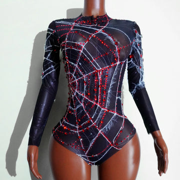 Sexy Spider Web Bodysuit Mesh Transparent Red Rhinestone Black Leotard party Dance Halloween Stage Performance Nightclub Costume