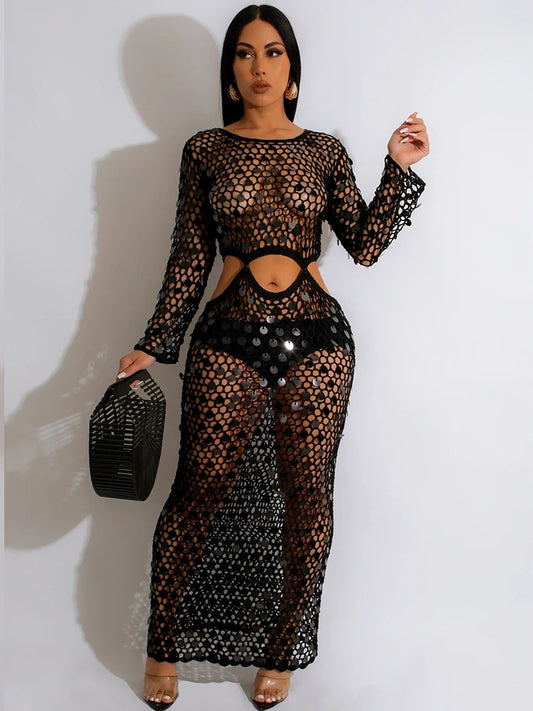 Fishnet Knitting Hollow Sequins Maxi Dress Sexy See Through Holiday Long Sleeve Slim Summer Vacation Beach Dresses