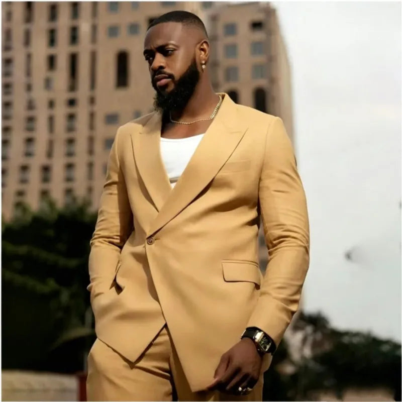 Khaki Men Suits 2 Pieces Jacket Pants Unique One Button Peaked Lapel Wedding Groom Prom Formal Casual Custom Male Clothing