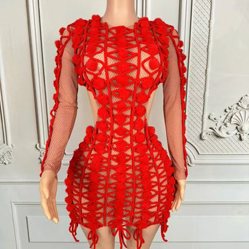 Sexy Women's Red Hollow Out Mini Dress Elegant Full Sleeves Birthday Wedding Dress  New Party Club Photoshoot Dress