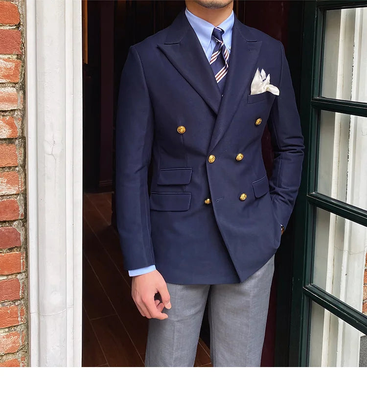 Blazer de estilo británico para hombre, traje ajustado de dos piezas con doble botonadura, color liso, informal y moderno.
