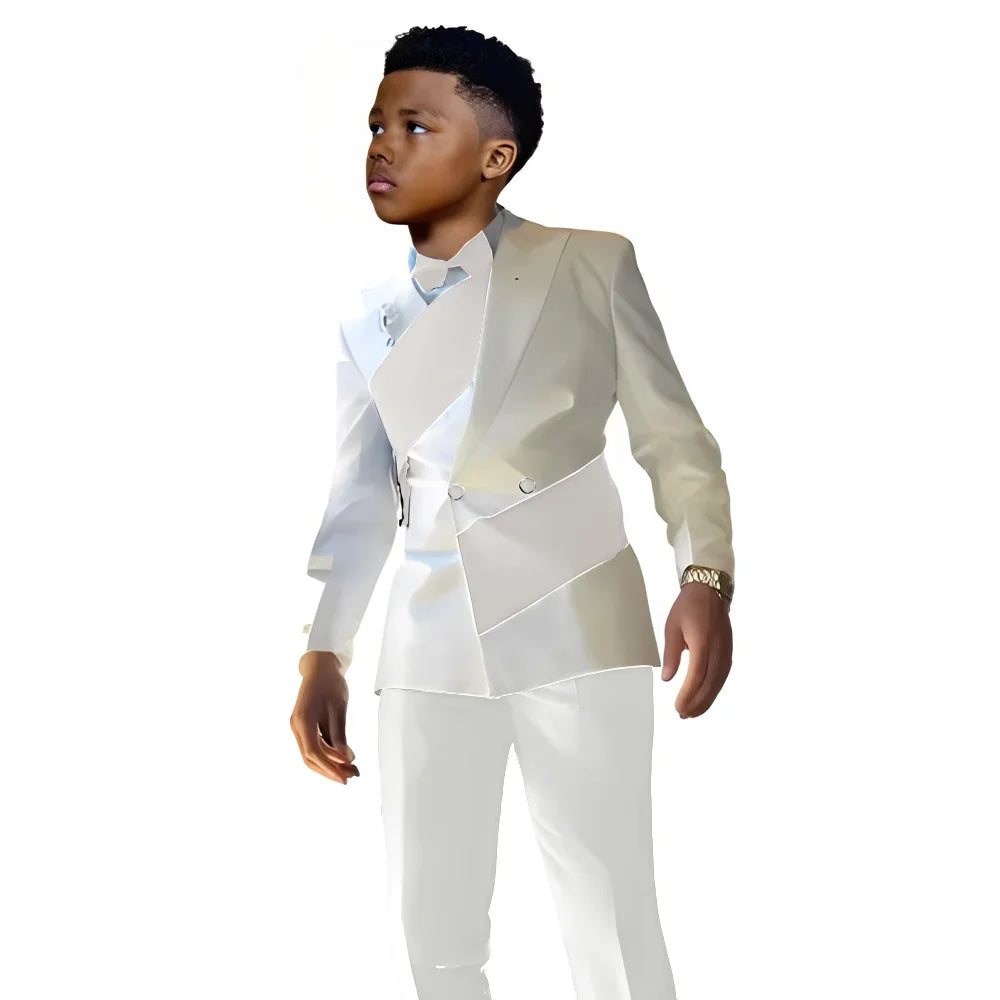 Satin Boys Suit 2 Pieces Set Double Breasted White Jacket with Pants Wedding Tuxedo Kids for 2-16 Years Old Boy Slim Fit Suit