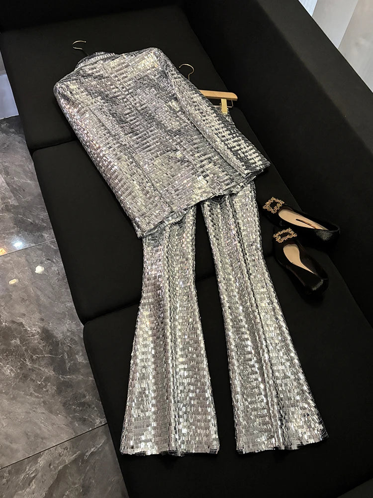 Silver Shiny Sequin Pantsuits Blazer Flared Pants Set Eye Catching Party Evening Wear Mesh Sequin Pants Set Outfits