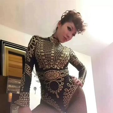 Diamonds Beading Stretchy Bodysuit for Women Fringed Bodysuits Nightclub Bar Party Dancer Clothing Stage Performance Costume