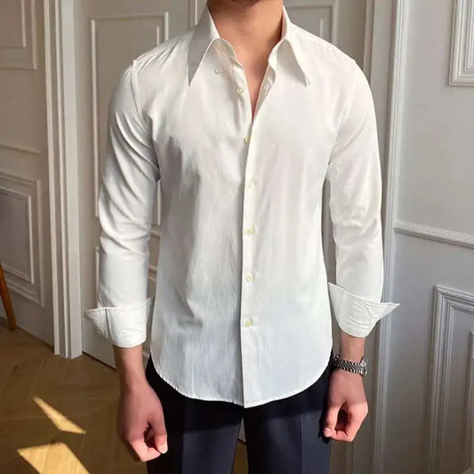 Leisure British Business Shirt Design British Men Cuba Collar Slim Solid White Shirt Camisa Social Masculina Men Shirt