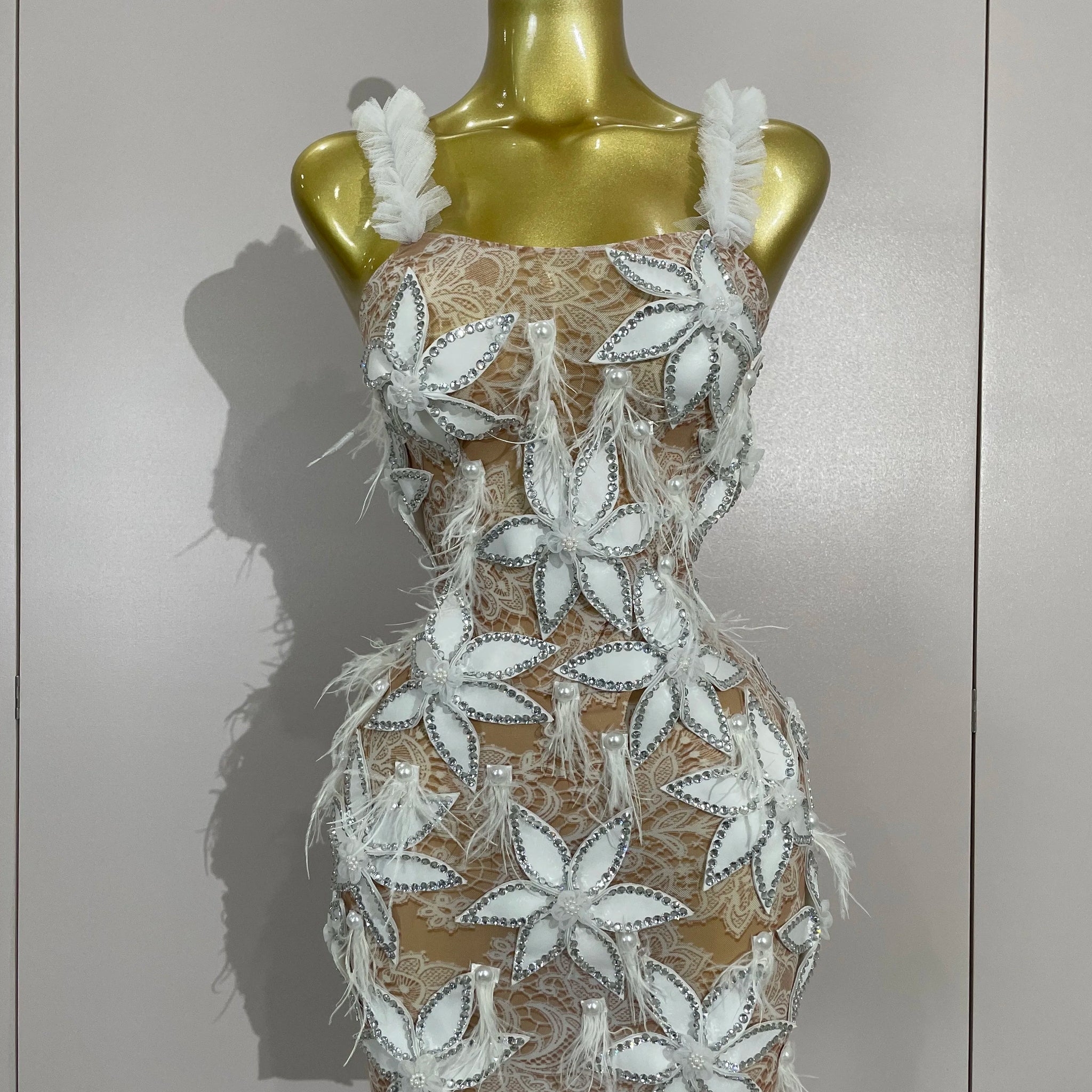 Sexy Sparkly Diamond Flowers Feathers White Transparent Slip Short Dress Evening Prom Celebrate Birthday Dress Photoshoot Wear