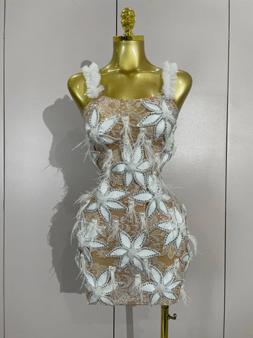 Sexy Sparkly Diamond Flowers Feathers White Transparent Slip Short Dress Evening Prom Celebrate Birthday Dress Photoshoot Wear