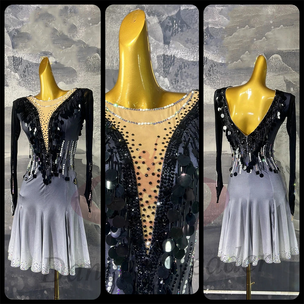 Latin Dance Costume For Women, Adults, And Children, High-End Customized Black And White Gradient Samba Performance Dress