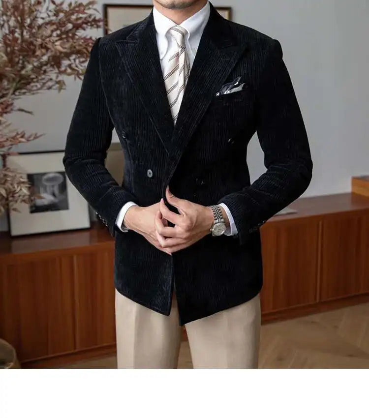 AutumnCasual Striped Jacket Men Blazer Masculino Blazer Hombre Italian Style Double Breasted Blazer Men Lapel Colla Blazer Homme
