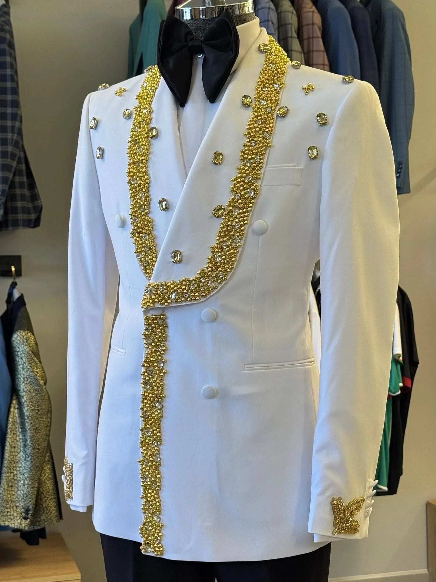 Fashion Men's Suits Beading Crystal Tailor-Made Jacket 2 Pieces Set Blazer Double Breasted Groom Customized Coat Black Pants