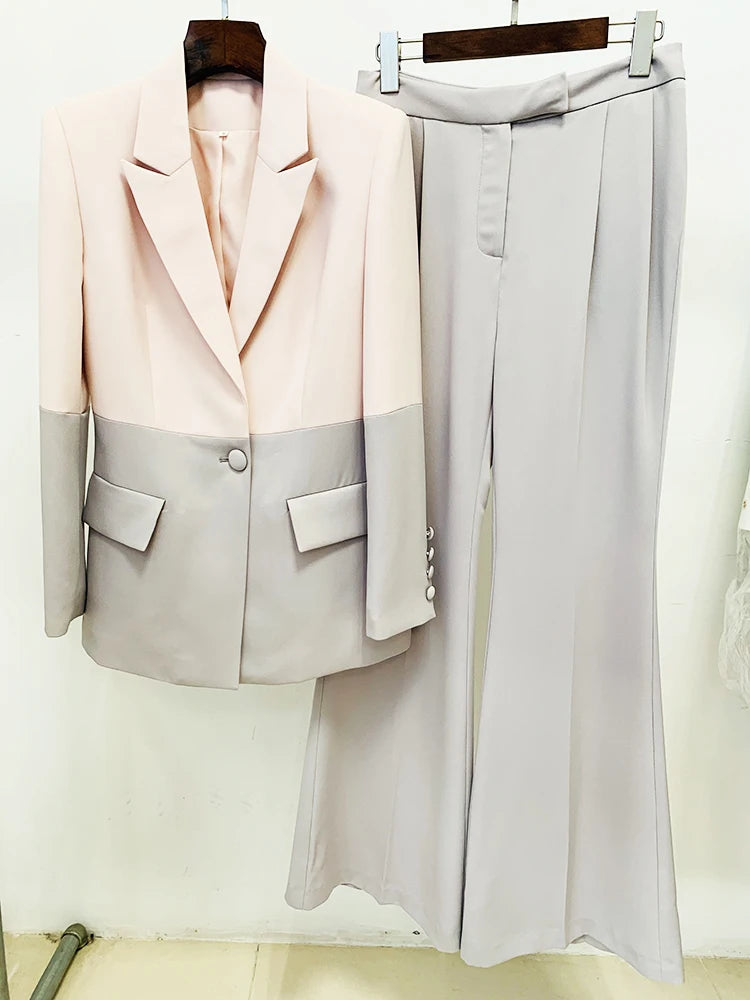 Conjunto de traje para mujer, estilo carrera, moda, blazer de un solo botón con bloques de color, pantalón ancho.