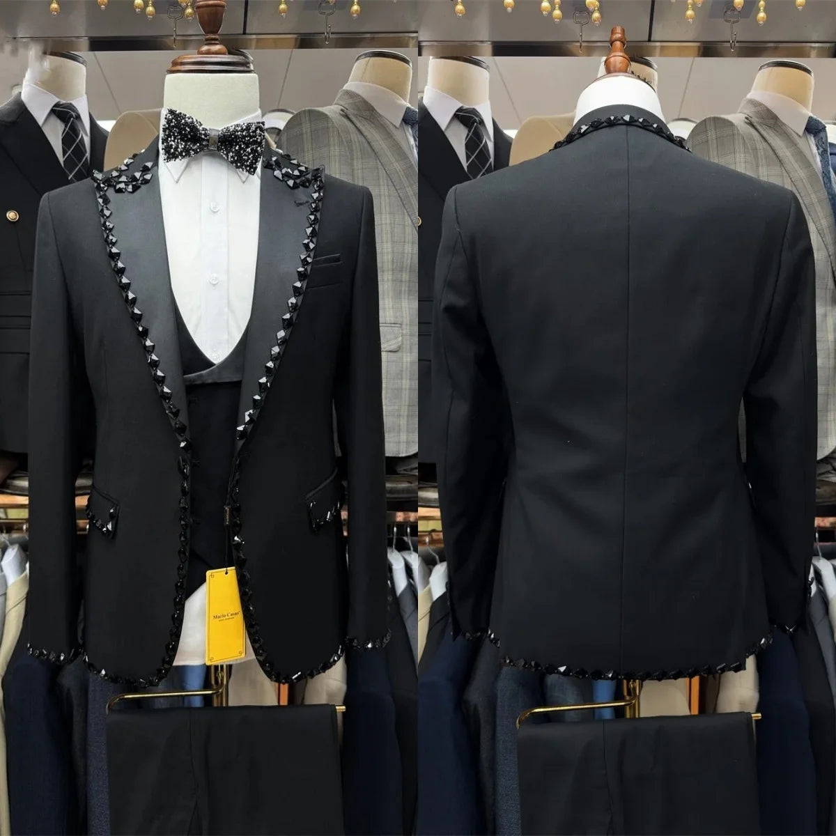 Elegant Crystal Men Suits Wedding Tailor-Made 2 Pieces Set Peaked Lapel Jacquard Jacket Blazer One-Button Customized Coat Pants