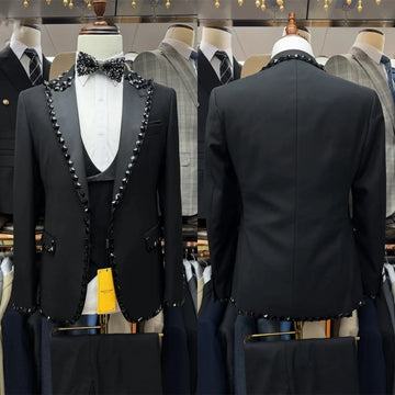 Elegant Crystal Men Suits Wedding Tailor-Made 2 Pieces Set Peaked Lapel Jacquard Jacket Blazer One-Button Customized Coat Pants