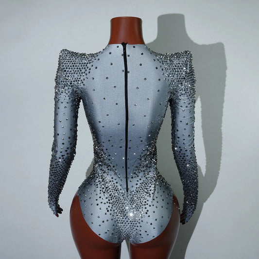 Sparkly Silver Rhinestones Long Sleeve Bodysuit Women Sexy Performance Dance Costume Dancer Nightclub Stage Photoshoot Outfit