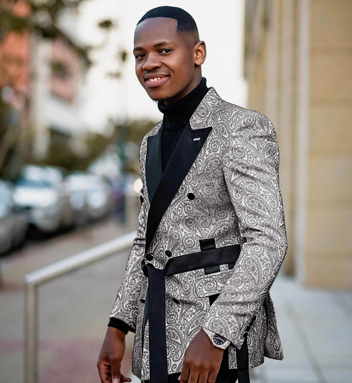 Gold Jacquard Men's Blazer and Pants Set, Double-Breasted Peaked Lapel Suit with Belt, Custom Plus Size