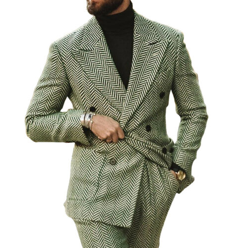 Costume homme à chevrons, coupe slim, mélange de laine, smoking croisé, formel, 2 pièces, veste et pantalon