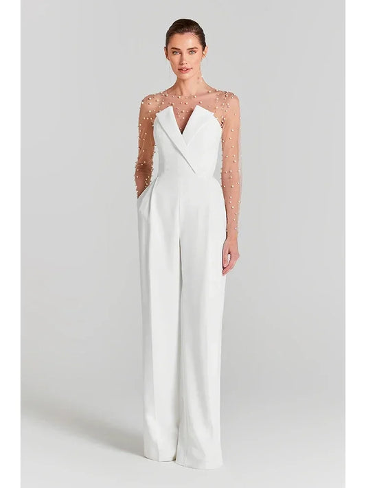 Ensemble deux pièces sexy en maille à manches longues et perles + combinaison sans bretelles pour femme, combinaison blanche, tenue de soirée 