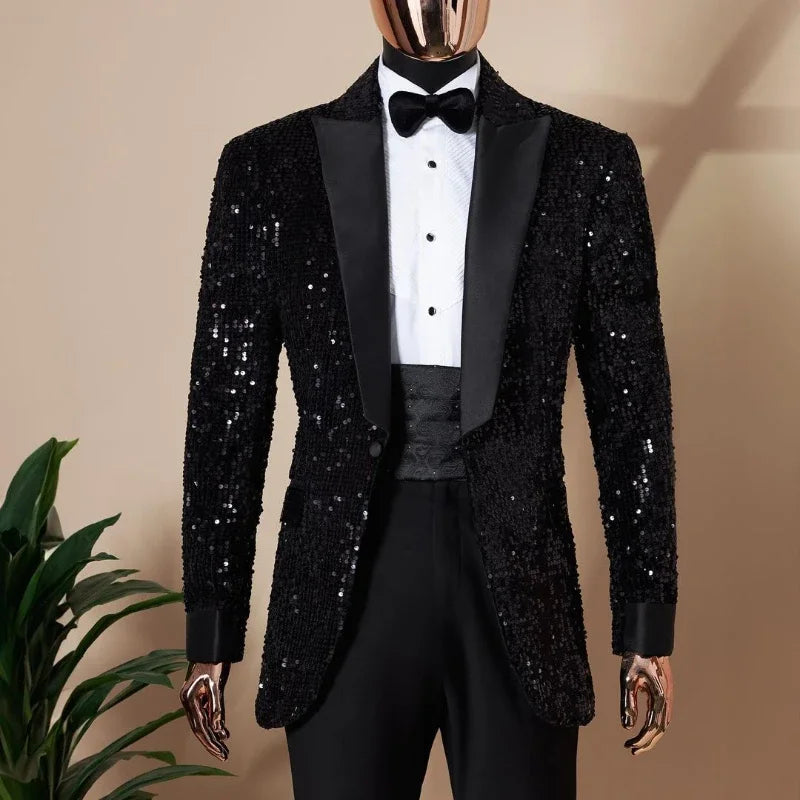 Costume homme 2 pièces à paillettes brillantes, coupe slim, revers cranté, blazer à un bouton avec pantalon, veste sur mesure pour marié, fête de mariage