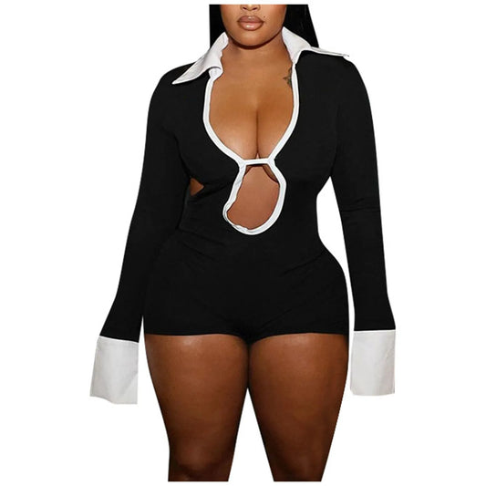 Black White Patchwork Deep V-Neck Hollow Out Jumpsuit Shorts Women Long Sleeve Backless Lace Up Club Party Rompers Outwear